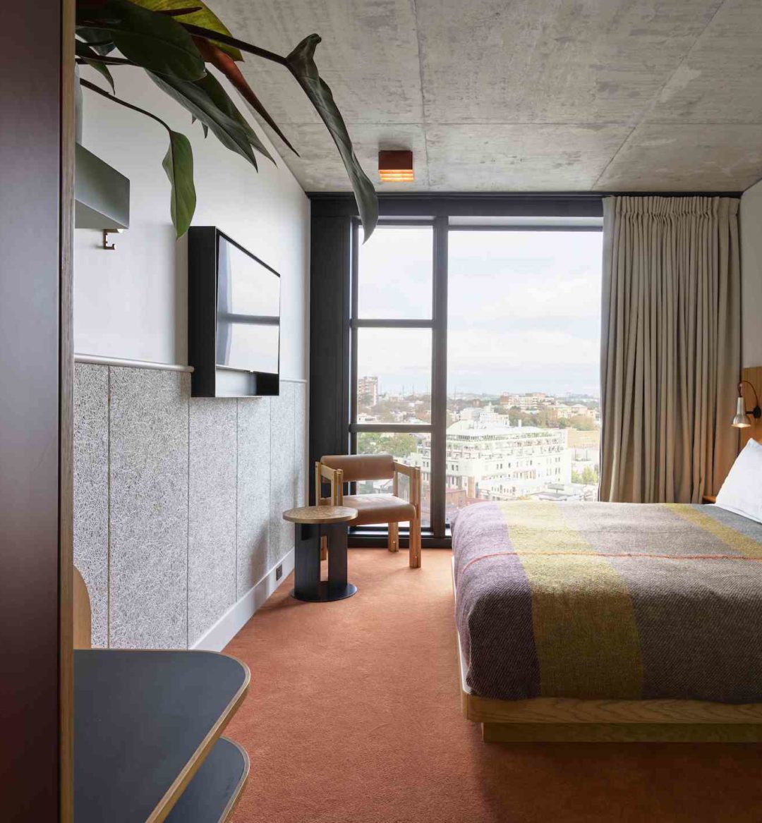 A modern room with red carpeting features a window overlooking Sydney and basking the room in natural light